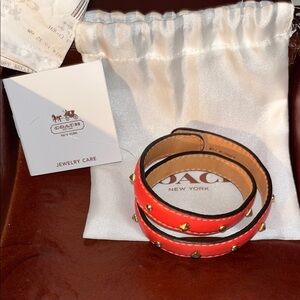 Coach Red Leather Bracelet with Gold Studs